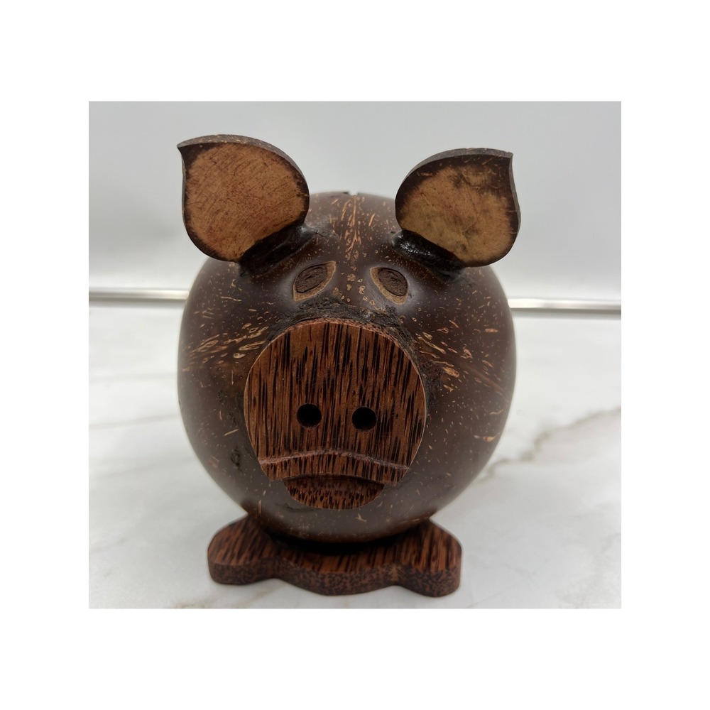 G6 Collection Hand Carved Coconut Shell Piggy Bank Tropical Wood Coin Bank